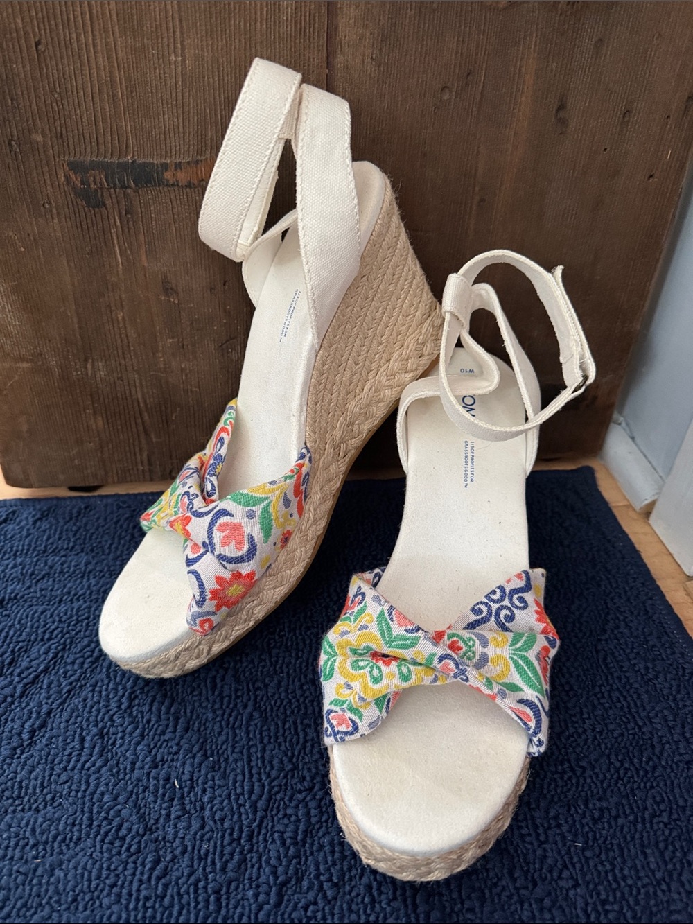 Toms Multicolor Floral Espadrille Wedge Sandals with Cream Ankle Strap